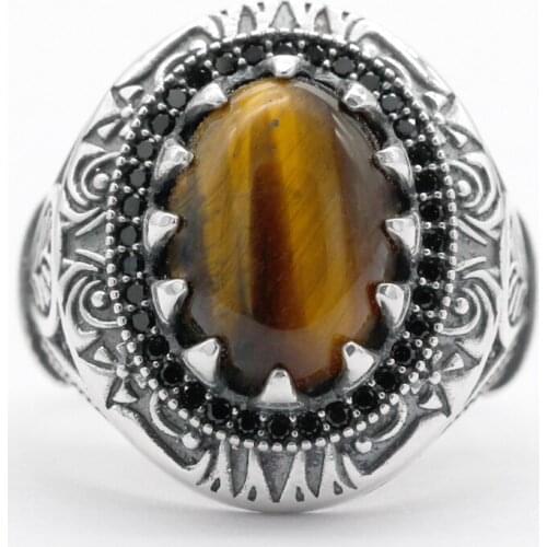 New hot mens ring S925 sterling silver jewelry ring Turkish silver ring inlaid tiger eye stone ring