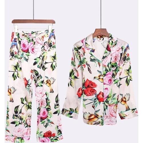2PCS Pajamas Suit 100% Silk Pijamas Sleepwear Lounge Sexy Casual Sleep Set Turn-down Collar Home Clothes Rose Printing Suit