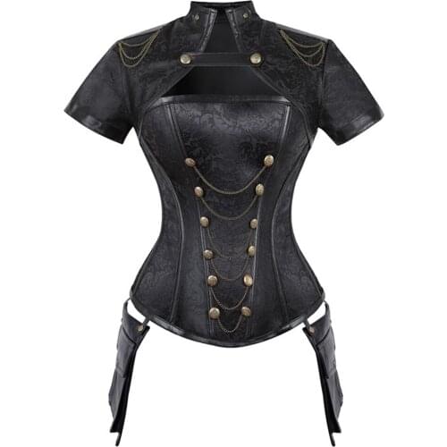 Sexy Gothic Womens Leather Bustier Steampunk Retro Punk Lingeries With Shawl Steel-Bone Court Corset Zipper Goth Girdle Vest