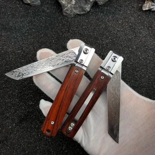 Damascus Steel blade folding knife Rosewood handle pocket survival camping fruit knives outdoor rescue fishing gift EDC tools