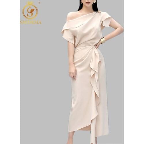 SMTHMA 2021 Runway Style New 2 Pieces Set Women Summer Slash Neck Solid Color Tops & High Waist Ruffles Long Skirt