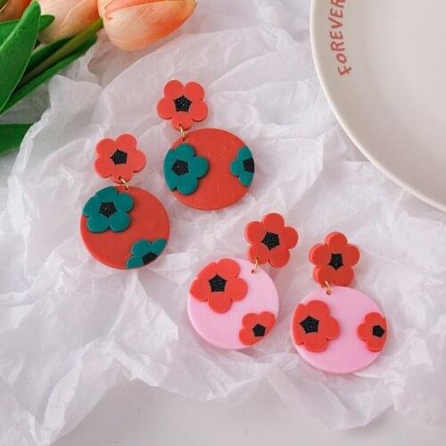 VSnow Korean Sweet Polymer Clay Circle Pink Red Dangle Earring for Women Stylish Contrasted Flower Earring Jewelry Pendientes