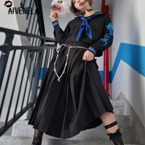 Harajuku Gothic Girls JK Suit Chain Pleated Skirt Long Sleeve Bowtie Printed Tops Cosplay Preppy Set Female AFC1279