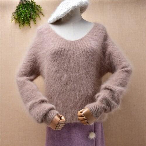 Female women autumn winter clothing hairy angora rabbit fur knitwear long sleeves v-neck slim blouses pullover mink fur sweater