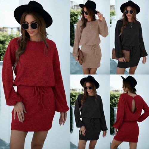 Women Solid Color Pencil Dresses Robe Femme Hollow Out Bandage Button O-Neck Long Sleeve Slim Hips Mini Dress For Woman Vestidos