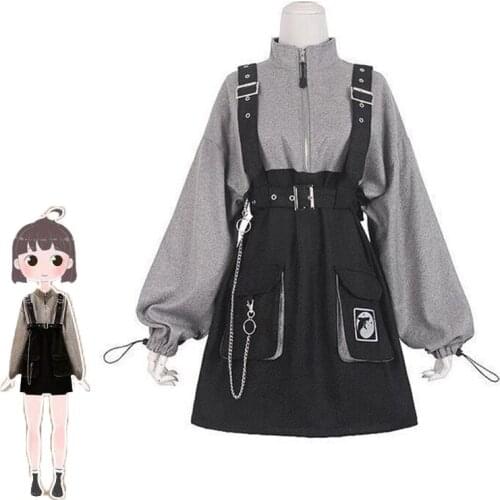Women Spring Autumn Gothic Sweater Dress Gray Stand Collar Zipper Removable Strap Belt Pocket Design Lolita Campus Style Dress