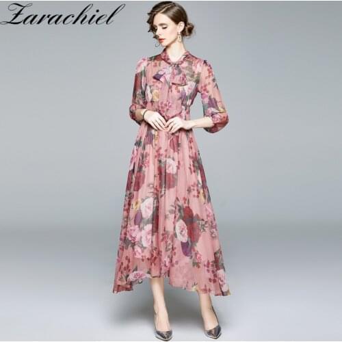 Runway Fall Chiffon Dress Women Bow Neck Three Quarter Sleeve Flower Print Pleated Long Dresses Vestidos Bohemian Floral Robe