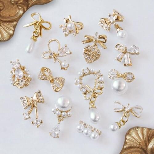 10pcs/lot 3D Bow Love Tassel Alloy Nail Art Zircon Pearl Crystal Metal Manicure Nails Accesorios Supplies Decorations Charms