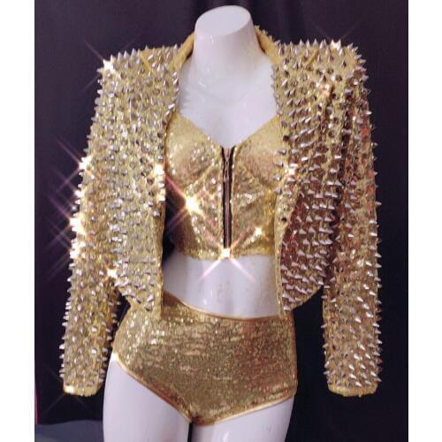 2 Color Sparkly Rivets Sequins Jacket Bra Short Set Birthday Prom Outfit Women Singer Dancer Costume Bar Outfit Set