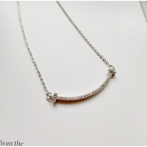 925 Sterling Silver Curved Pave Clear Cubic Zirconia Bar Necklace Modern Layered CZ Necklace in White Gold Geometric Jewelry