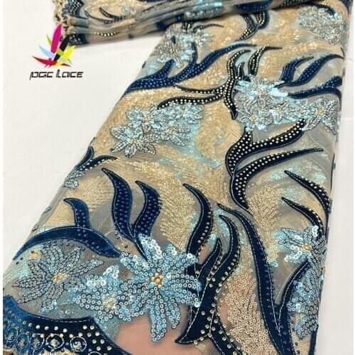 Velvet Fabric Lace Sequin Mesh Embroidered African Nigeria Embroidery Royal Blue Color Net Sequence Latest Hot Sale Fashion