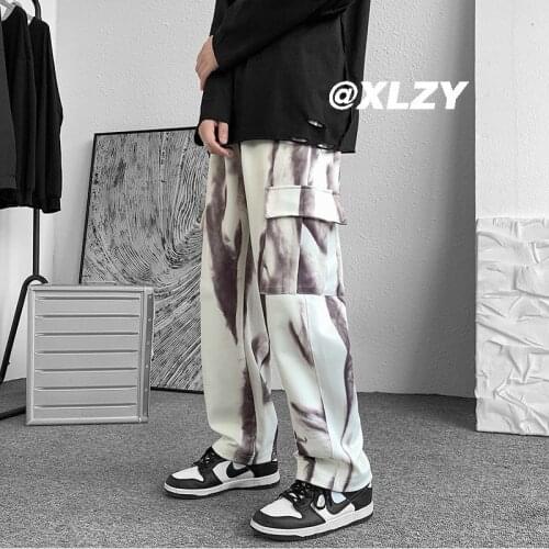 Autumn Tie-dye Pants Mens Fashion Printed Pocket Cargo Pants Men Streetwear Loose Hip-hop Wide-leg Pants Mens Straight Trousers