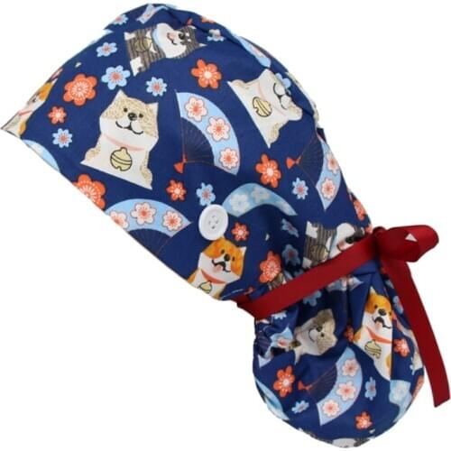 Women Long Hair Working Cap with Sweatband Button Ponytail Tie Back Bouffant Hat F42F