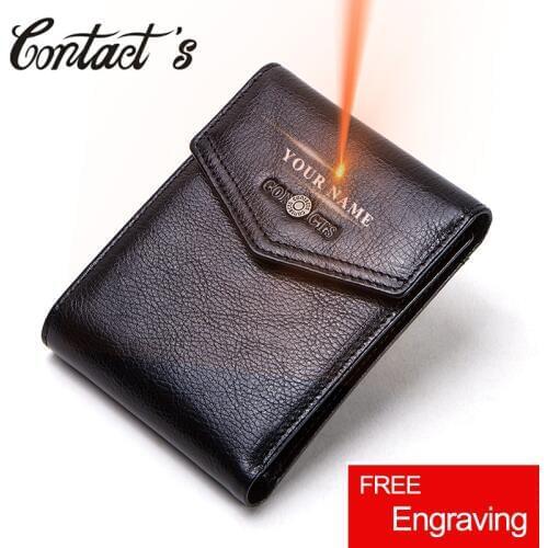 Contacts 100% Genuine Leather Wallets Short Trifold Men Wallet Quality Coin Purse Card Holder Small Money Bag Gift for Man