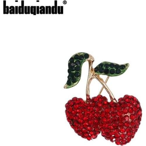 Baiduqiandu New Arrival Red Rhinestones Pave Cherry Alloy Brooches for Women Dress Coat Accessories Cute Jewelry