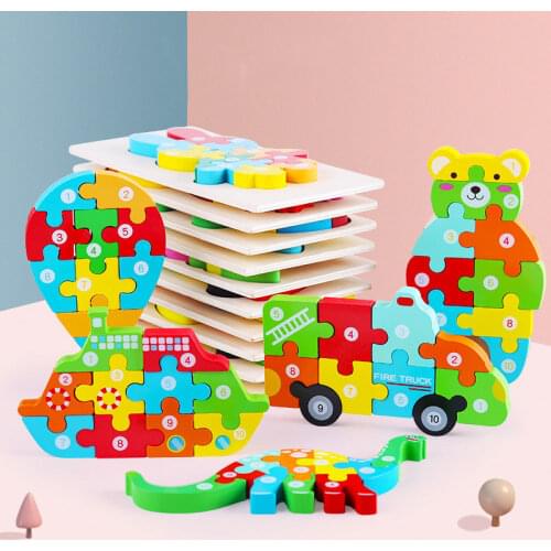 Cartoon Animals Montessori Puzzles For Kids Educational Baby Toys 3D Wooden Puzzle Children Montessori Toys Wooden Jigsaw Puzzle