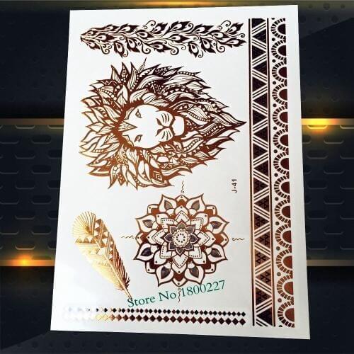 1PC Big Size Gold Lions Temporay Tattoo Sticker Women Henna PJ-41 Golden Lion King Flash Metallic Tattoo Waterproof Body Art