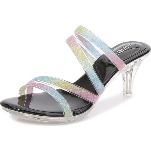 6.5cm high heel slippers sexy brand shoes large size 35-41 slippers sandals women fashion catwalk design brand casual crystal