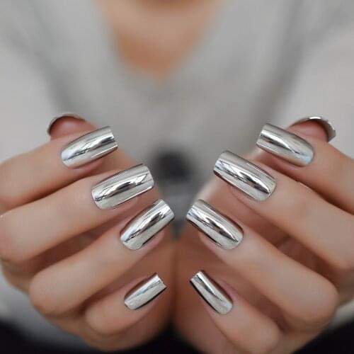 Medium Squoval Electroplate Chrome Fake Nails Gel Tips Decoration Nails Stick On Nails Flase Nail Optional Clean Gray Smooth
