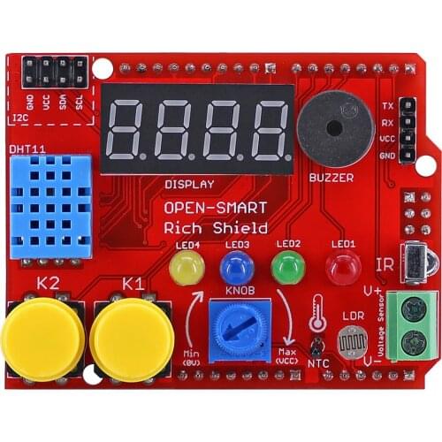 Starter kit Rich Shield with Infrared Receiver LED Buzzer Button DHT11 Light Sensor Temperature Voltage Module Board for Arduino