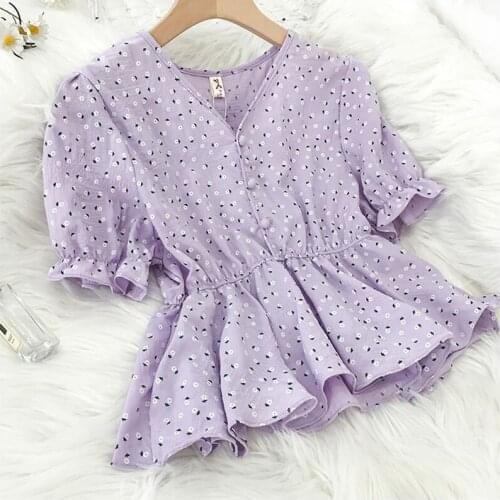 Peplum Top Summer Floral Chiffon Blouse Puff Sleeve Top V Neck Korean Kawaii Tops For Women Summer 2021 Vintage Blouses Clothes