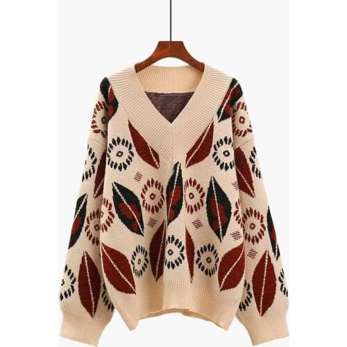 Urifens Lazy Style Thickened V-Neck Pullover Sweater Women Autumn Clothing 2021 Loose Leaf Jacquard Student Knit Sweater CS4738