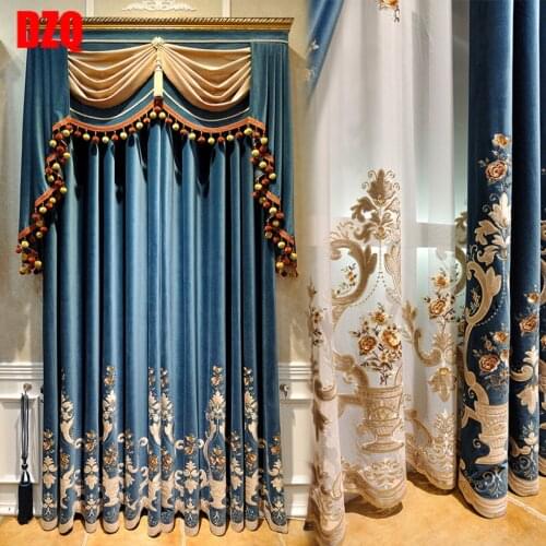 Custom Curtains Neo-classical European Blue Living Room Luxury Solid Embroidered Velvet Thick Cloth Curtain