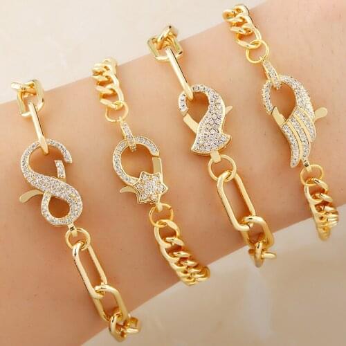 FLOLA Gold Curb Link Chain Infinity Bracelets For Women Thick Chunky Chain Star Charm Bracelet Carabiner Clasp CZ Jewelry brtc58
