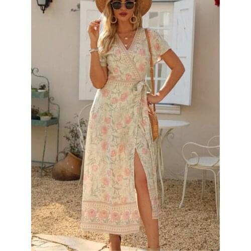 Happie Queens women floral print cross v-neck beach Bohemian maxi dress Ladies v-neck ruffles Boho pleated dress vestidos