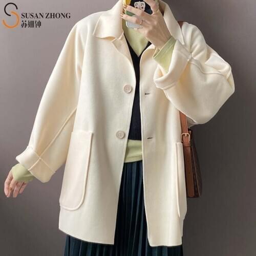 Women Woolen Coat Female Ladies H-Line Jackets Notched Collar Turn-Up Cuff Batwing Raglan Sleeve Pocket Normcore Autumn Winter
