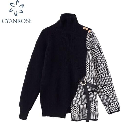 Winter Women Sweaters Plaid Patchwork Irregular Loose Long Sleeve Design Jumpers Turtleneck Sweater Pullover Female Thicken Tops