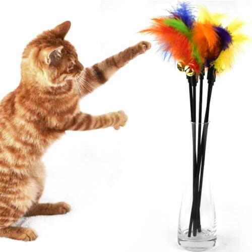 1pc Feather with Bell Colorful Funny Cat Stick Catcher Beautiful Wand Pet Interactive Toy Supplies Funny Kittens Cats Stick Toy