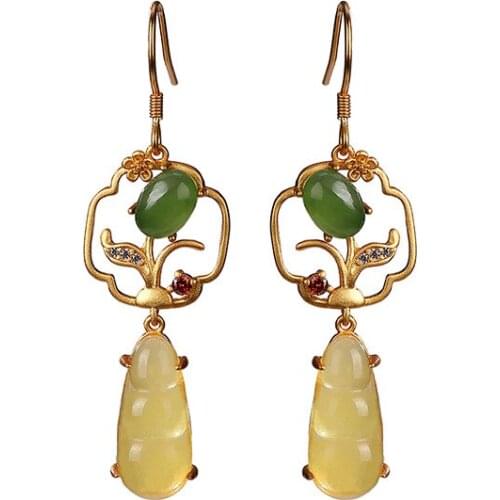 925 sterling silver gold-plated natural beeswax Jasper earrings retro personality pea eardrops ear hooks earrings