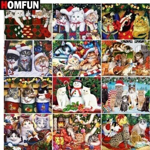 HOMFUN DIY Diamond Painting "Christmas cat animal" Full Drill Square Round Diamond Embroidery 5D Cross Stitch Decoration Home