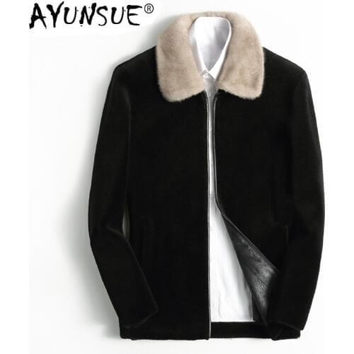AYUNSUE Autumn Winter Real Fur Coat Men Sheep Shearing 100% Wool Jacket Mink Fur Collar Korean Abrigo Hombre KFS19M207-1-J J3797