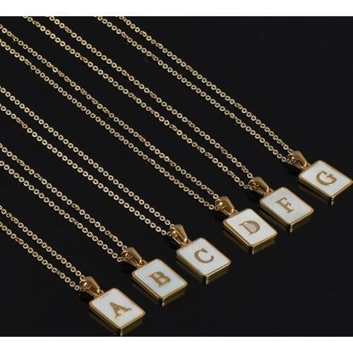 Top Quality White Shell 26 Capital Letter Custom Mark Square Pendant Necklace For Women Men Stainless Steel Chain Jewelry