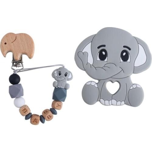 Baby personalized Rattles Set Animal Elephant Teether Wooden Pacifier clip holder Chain BPA Free Nursing Toys