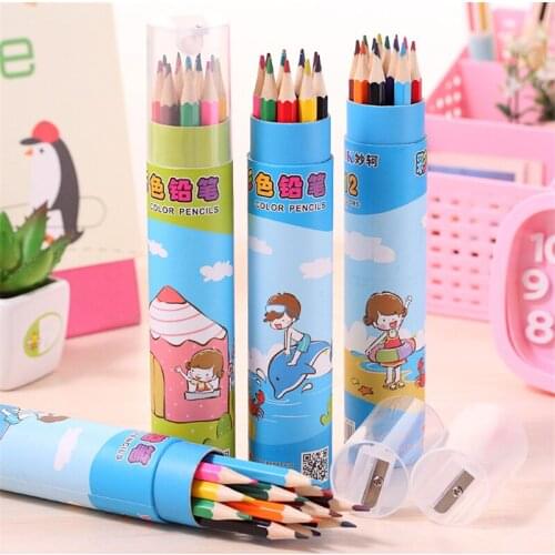 DL Korean version of lovely color pencil tube students cartoon creative painting wood color lead long 12 learning stationery