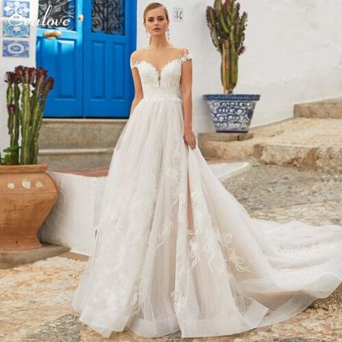 EVALOVE Romantic Scoop Neck Backless A-Line Wedding Dresses 2021 Gorgeous Cap Sleeve Appliques Court Train Princess Bridal Gown