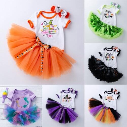 VOGUEON Halloween Party Baby Girls Sets Romper + Tutu Skirts + Headband 3pcs Outfits for Toddler Kids Cartoon Newborn Clothing