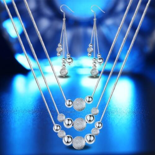 Trendy Multilayer Copper Smooth Polished Beads Necklace Earrings Set Silver Color Choker Tassel Hook Drop Earrings Jewelry Set