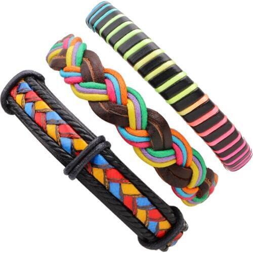 WBL Leather Braided Men Bracelet Vintage Colorful Charm Beads Bracelets Bangle Punk Wrap Wristband For Male Women 3pcs/Set