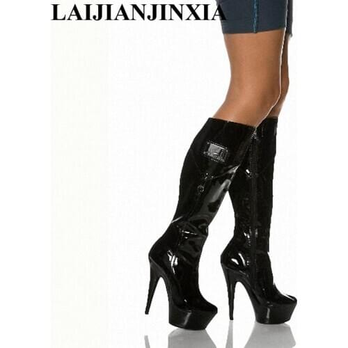 LAIJIANJINXIA 15cm classics ladies black PU leather sexy knee high boots platform high heel boots for women Fetish Dance Shoes