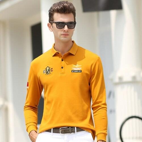 European and American Style Business Cotton Mens Polo Shirt, Exquisitely Embroidered Solid Color Lapel Long-sleeved T-shirt