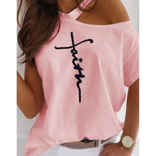 New Off Shoulder Womens T Shirt Letter Printing Oversized Short Sleeve Loose Women Clothing Sexy Halter Neck T-Shirt