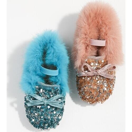 Girls Plush Shoes 2020 New Autumn Winter Fleece-Lined Warm Glitter Princess Shoes Kids Sequins Soft Bottom Dance Footwear