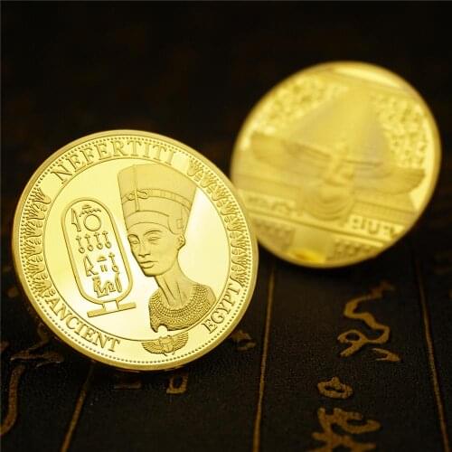 Ancient Egypt Gold Plated Commemorative Coins Egyptian Queen Nefertiti Pyramid Collectibles