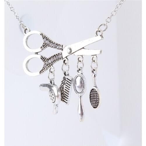 Barber Shop Necklace Hair Dresser Tools 3D Barber Pole Razor Dryer Scissors Comb Hairdresser Pendants Necklaces Men Women