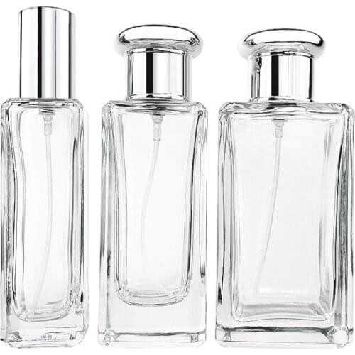 30ML 50ML Empty Concise Glass Perfume Spray Bottle Portable Atomizer Silver Cover Clear Squaer Flat Toner Refillable Bottle10pcs