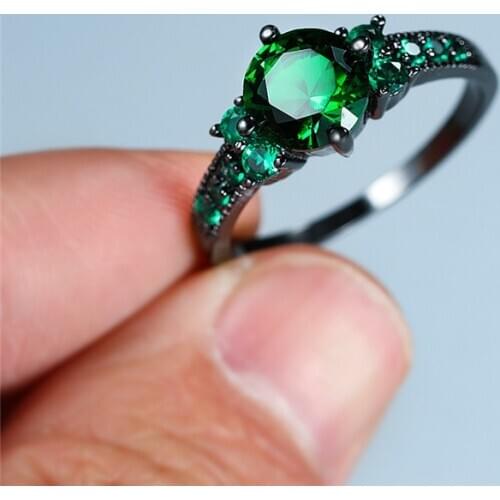 Luxury Female Small Green Round Stone Ring Vintage Black Gold Engagement Rings For Women Promise Love Wedding Band Ring